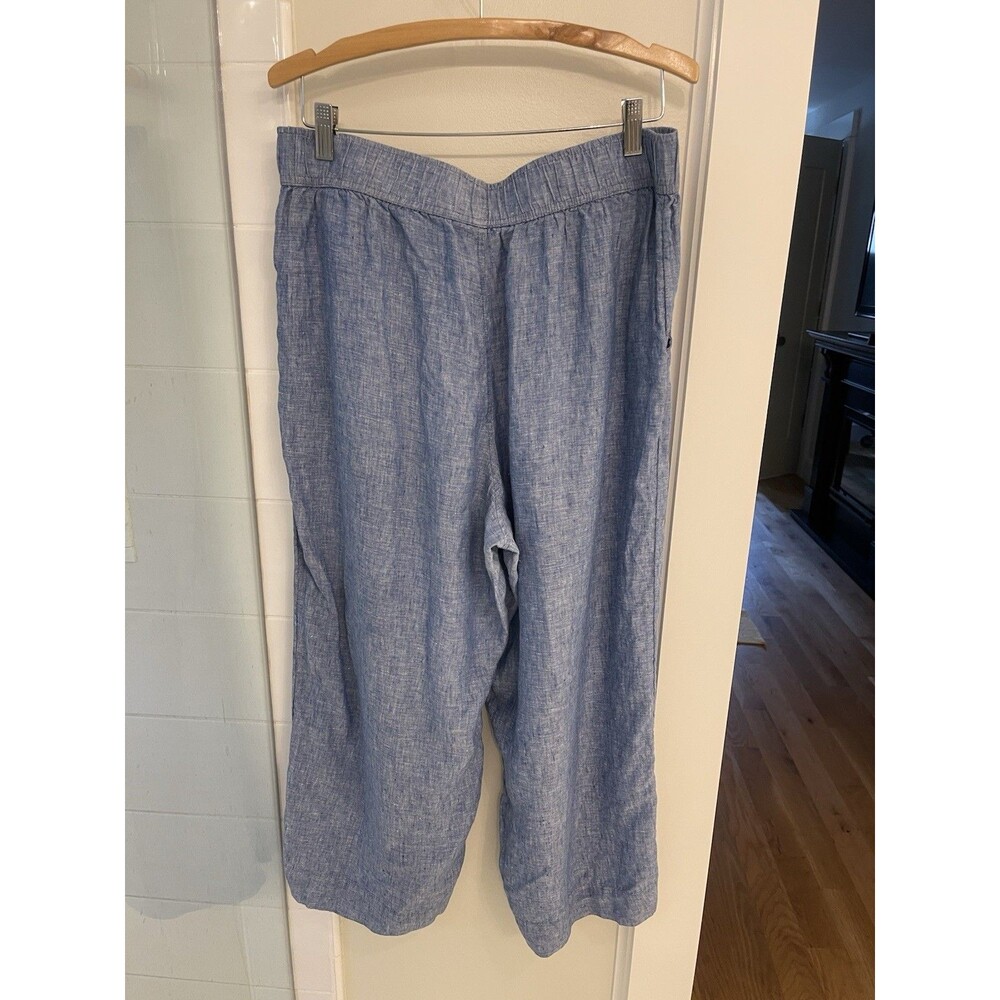 Tahari Essentials High Rise Wide Leg Blue Linen Pants Size XL Pockets